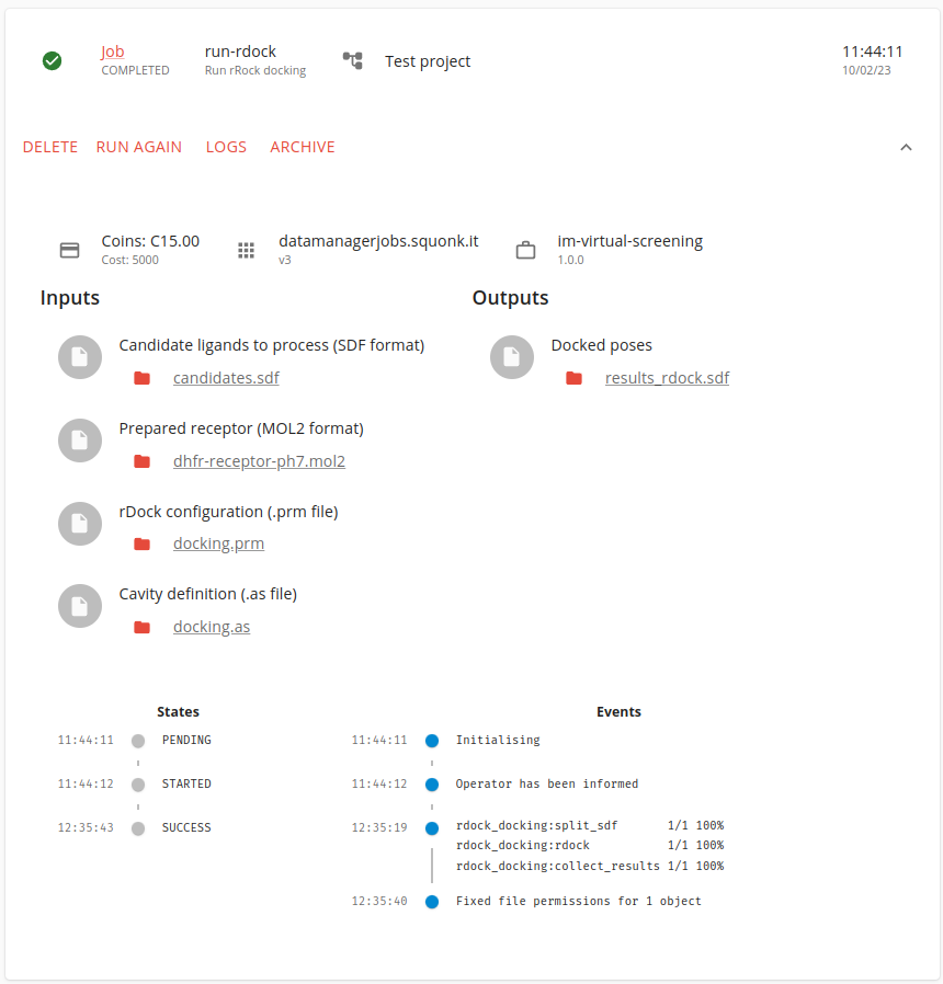 The results of running an rdock job on the Squonk data manager